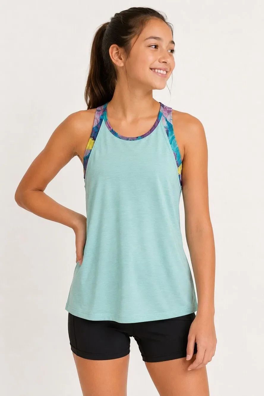 NWT Athleta Girl Perfect Pair Tank XXL 16 Aqua Floral Athletic Top